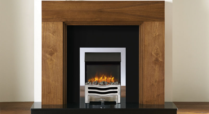 Gazco Logic2 Electric Wave with polished steel effect frame and front with log fuel effect and blue flame