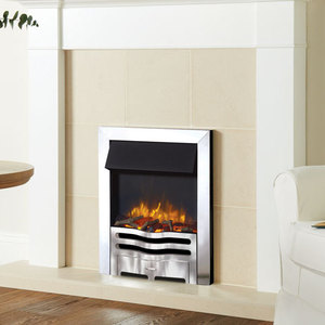 Gazco logic2 electric wave with polished steel effect frame and front with log effect. shown with brompton wooden mantle from stovax.   fire by design