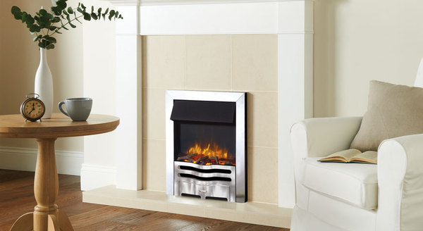 Gazco logic2 electric wave with polished steel effect frame and front with log effect. shown with brompton wooden mantle from stovax.   fire by design