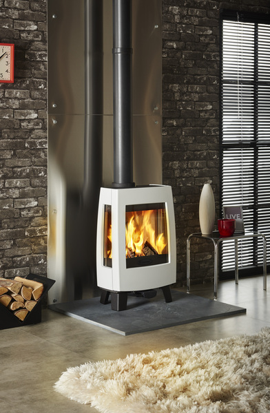 Dovre sense 113 with side windows in pure white enamel fire by design dorset no1 wood burning showroom