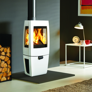 Box mounted dovre sense 203 with side windows in white enamel portrait fire by design dorset woodburners